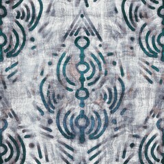 Fototapeta na wymiar Seamless grungy tribal ethnic rug motif pattern. High quality illustration. Distressed old looking native style design in faded turquoise and gray colors. Old artisan textile seamless pattern.