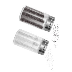 Set of Salt and pepper. Pair of transparent glass shaker with metal cap. Realistic Vector Illustration
