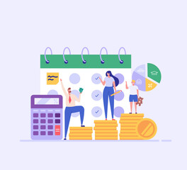 Family budget planning. Yong couple with child saving money and planning with piggy bank, calculator and coins. Concept of Family money, household finance. Vector illustration in flat cartoon design