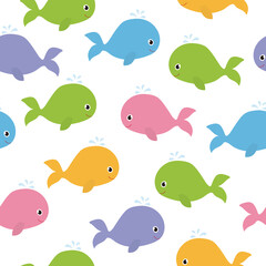 Cute whales seamless pattern in white background.  It can be used for wallpapers, wrapping, cards, patterns for clothes and other.