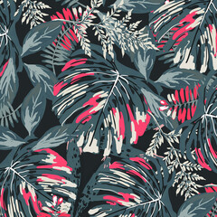 Beach vector seamless pattern. Tropical leaves. Jungle foliage illustration. Exotic plants. Summer beach floral design. 