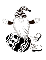 Easter character in doodle style, cute gnome sitting on an Easter egg. Stock vector illustration Isolated on white background.