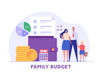 Family budget planning. Yong couple with child saving money and planning with piggy bank, calculator and coins. Concept of Family money, household finance. Vector illustration in flat cartoon design