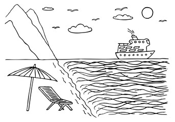 Seascape in doodle style. On the left in the picture are mountains, a beach, an umbrella and a deck chair, on the right a sea, a cruise liner, the sun. Hand Drawn. Coloring page.