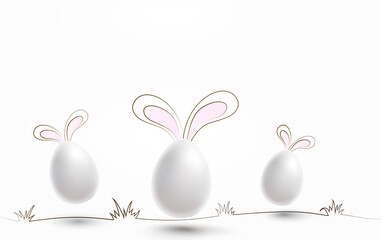 Easter poster or banner with eggs and rabbit ears on white background. Bunny symbols. Vector greeting card template