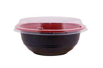 closed Black and Red plastic plate for food and salad isolated on white background - mock up 