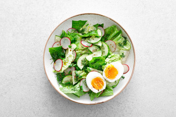 Salad with radish, cucumber, romaine lettuce, greens and boiled egg. Breakfast. Healthy and detox food concept.