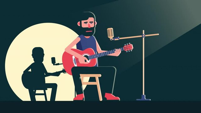Bearded Man with acoustic guitar on the stage sings a song. Rock star Unplugged performance. 2d looped animation with alpha channel.