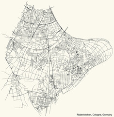 Black simple detailed street roads map on vintage beige background of the quarter Rodenkirchen district of Cologne, Germany
