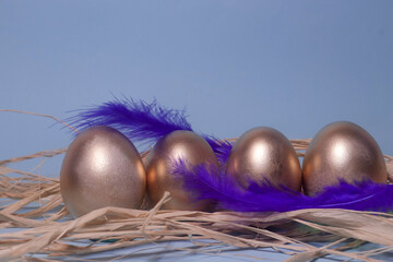 easter eggs in nest. easter eggs. painted golden eggs. eggs for easter. the holiday table.