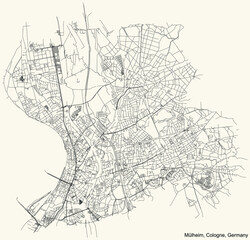 Black simple detailed street roads map on vintage beige background of the quarter Mülheim district of Cologne, Germany