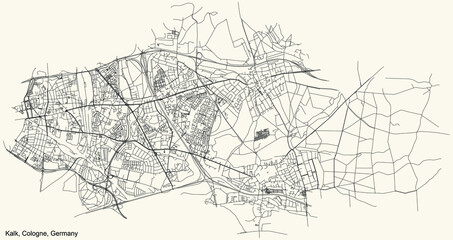 Black simple detailed street roads map on vintage beige background of the quarter Kalk district of Cologne, Germany
