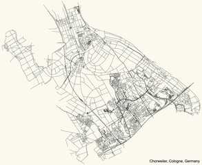 Fototapeta na wymiar Black simple detailed street roads map on vintage beige background of the quarter Chorweiler district of Cologne, Germany