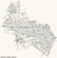 Black simple detailed street roads map on vintage beige background of the quarter Lindenthal district of Cologne, Germany