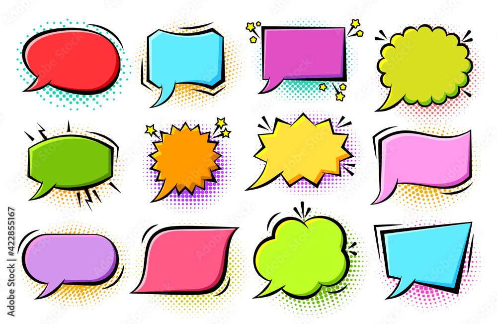 Fototapete retro sketch speech bubble icon set. cartoon pop art bubbles on color halftone background. boom, bur
