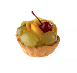 Dessert, fruit cake, with cherry grapes and orange slices on a white background in isolation