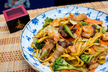 Yakisoba. Asian food with vegetables and pasta