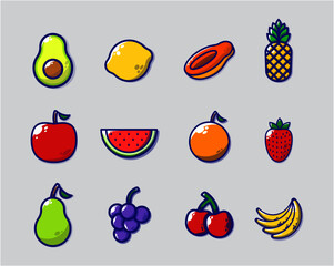 Colorful fruit icons: cherry, watermelon, papaya, lemon, apple, pear, avocado, grape, orange, pineapple, strawberry. Various fruits. Vector illustration.