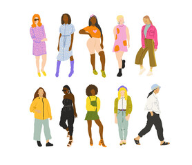 Architecture people. Set of diverse women characters vector illustration. female fashion. young trendy clothes girls.	