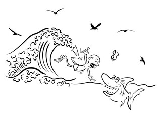 Shark attack. Caricature. The swimmer is drowning. Shark in the sea. Vector illustration