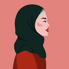 Portrait of a Muslim woman in profile. Female Arab with a covered head. The concept of Islamic traditions. Vector illustration.