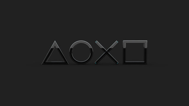 Game symbols playstation 5 icons on a black background. Cross triangle square circle. Playstation design. Concept of gaming and entertainment. 3d render