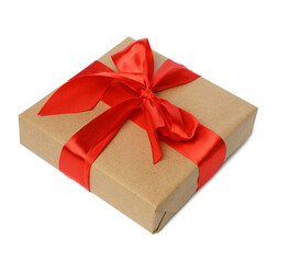 square box wrapped in brown kraft paper and tied with red silk ribbon