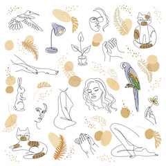 Fototapeta premium Collection. Silhouette of lady, cat, bird and leaves in modern one line style. Solid line, outline for decor, posters, stickers, logo. Set of vector illustrations set.