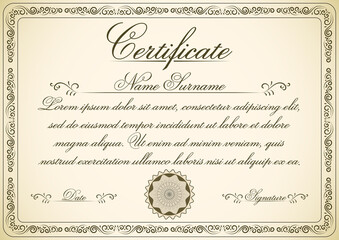 A4 size certificate of appreciation vector illustration with retro frame and stamp. Retro diploma of achievement template design for print.