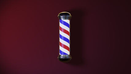 Rotating barbershop pole with shiny caps glowing isolated on a dark background; 3d rendering 4k footage. Barbershop business advertising with copy space blocks. Isolated spiral pole. 