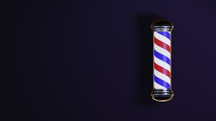 Rotating barbershop pole with shiny caps glowing isolated on a dark background; 3d rendering 4k footage. Barbershop business advertising with copy space blocks. Isolated spiral pole. 