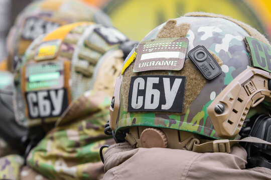POLTAVA, UKRAINE - MARCH 6, 2021: Fighters of the Security Service of Ukraine (SBU, ukrainian: СБУ) during training on the field