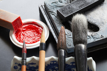 A collection of tools needed for Chinese calligraphy