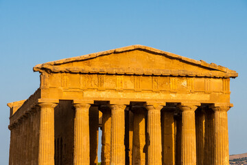 Close up of the main facade of Concordia Temple in Agrigento, Sicily
