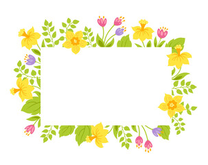 Flowers frame with narcissus, tulips and green leaves. Spring floral border with place for text. Vector illustration.