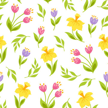 Flowers seamless pattern with narcissus, tulips and green leaves. Vector illustration.