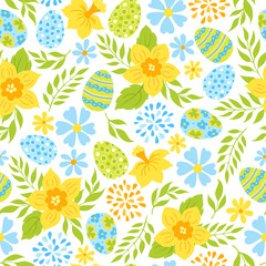 Easter and spring seamless pattern with eggs, leaves, cnarcissus and blue flowers. Vector illustration.