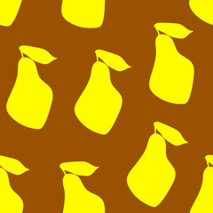 Seamless pattern with hand drawn yellow pear silhouette,illustration with summer fruit for cover design,fabric template,wrapping paper,print for interior decoration,pear shape on brown background