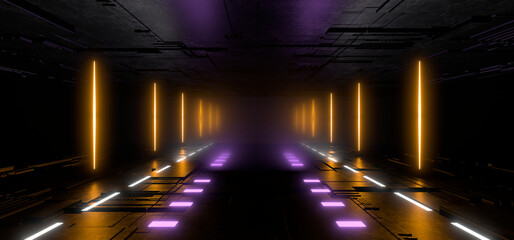 Sci Fy neon lamps in a dark tunnel. Reflections on the floor and walls. 3d rendering image.