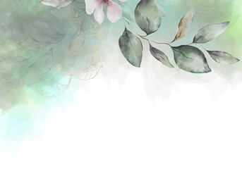 Pale leaves - botanical design banner. Floral pastel watercolor border frame. © britaseifert