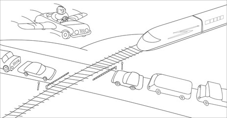 Person in his imagination overcomes a large traffic jam at railway crossing. Monochrome illustration