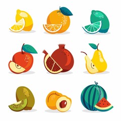 Set of fruits in modern vector hand drawn  style, summer symbol, fruit salad.Cute fruits, apple,watermelon,lemon, kiwi, pear, apricot, lime, orange, pomegranate