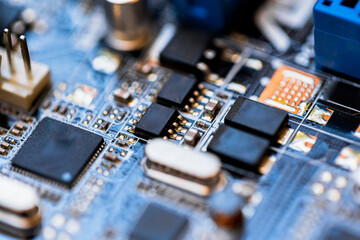 PC Motherboard with Chips, Transistors and Microprocessors