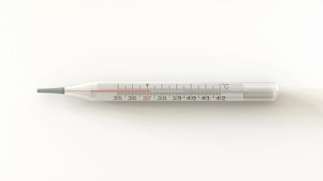 Horizontally lying thermometer shows the constantly rising temperature.
Animation of glass thermometer with rising temperature on white background.