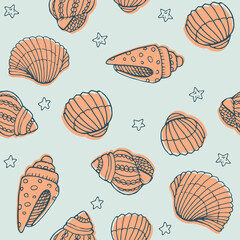 Vector seamless pattern with hand drawn scallop seashells, sea elements and stars. Beautiful marine design, perfect for prints and patterns, textile, fabric, children background