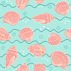 Vector seamless pattern with hand drawn scallop seashells, sea elements and stars. Beautiful marine design, perfect for prints and patterns, textile, fabric, children background