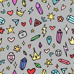 Vector seamless colorful pattern with different stars, sparkles, crystals, hearts, diamonds. Hand drawn, doodle style. Design for wallpaper, wrapping paper, stationery, textile.