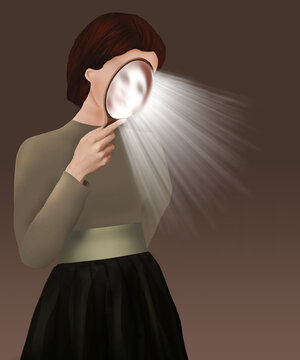 A woman holds a mirror close to her face as rays of light are emitted in this 3-D illustration about self evaluation or introspection.
