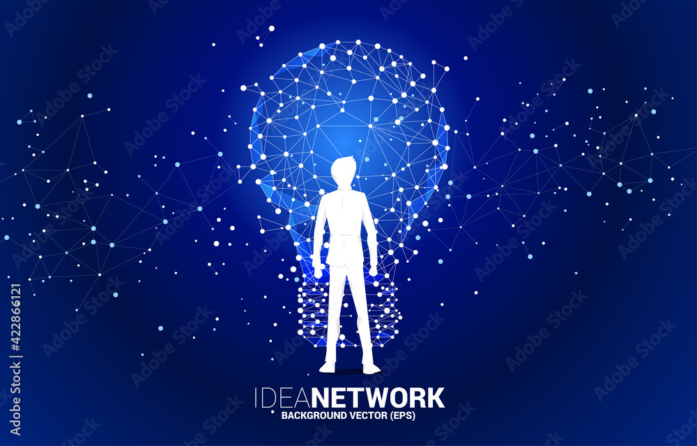 Poster Vector businessman with light bulb from Wireframe polygonal lines Connect dot Geometric sphere . Concept of business idea and creativity.
