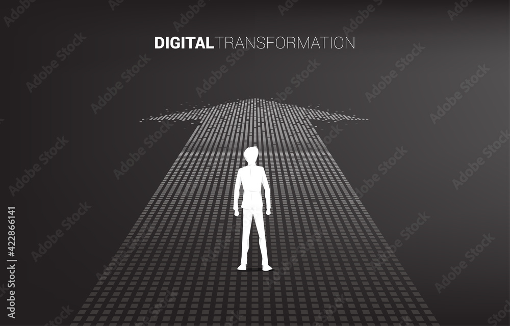 Poster silhouette of businessman standing on the arrow from pixel. concept of digital transformation of bus